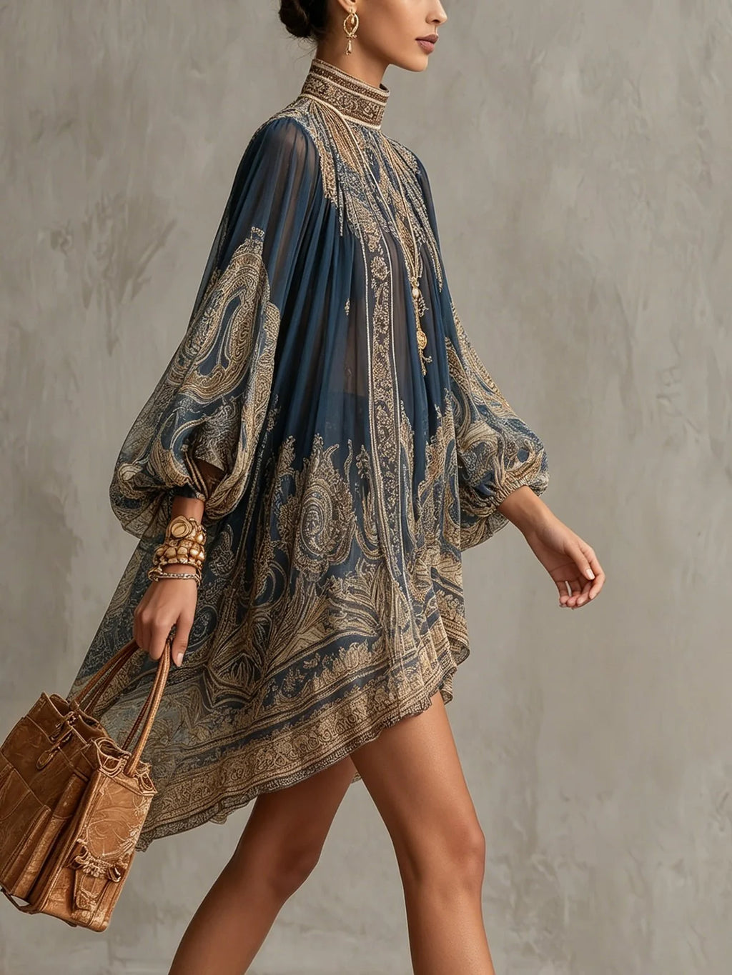 Carmelinda | Women’s Printed Long Sleeve Asymmetrical Knee Length Dress
