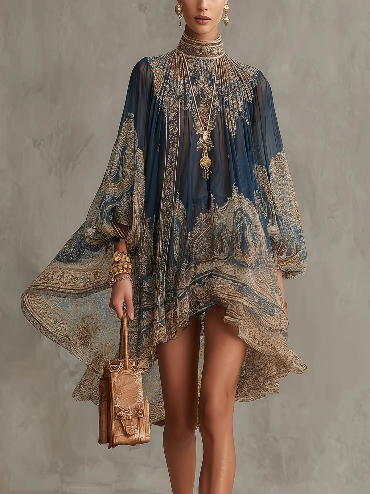 Carmelinda | Women’s Printed Long Sleeve Asymmetrical Knee Length Dress