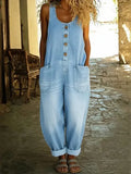 Carolena | Women's Button Front Sleeveless Pockets Denim Jumpsuit