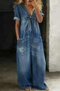 Cassia | Women's Wide Leg V-Neck Short Sleeve Denim Jumpsuit