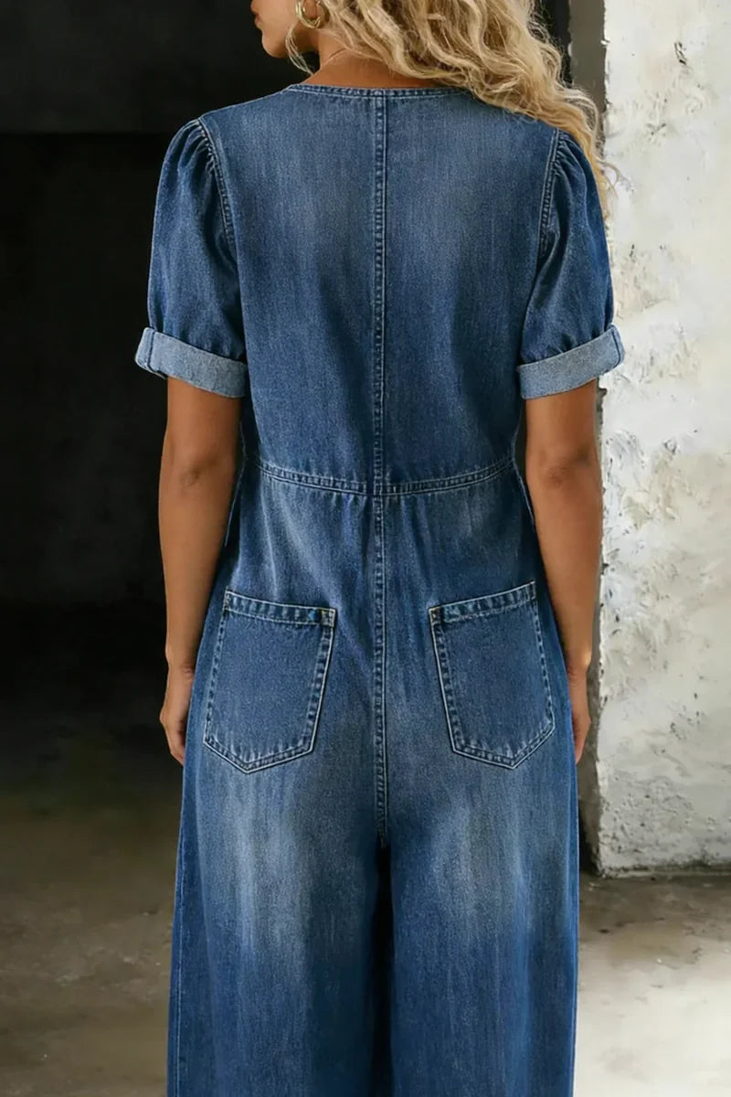 Cassia | Women's Wide Leg V-Neck Short Sleeve Denim Jumpsuit