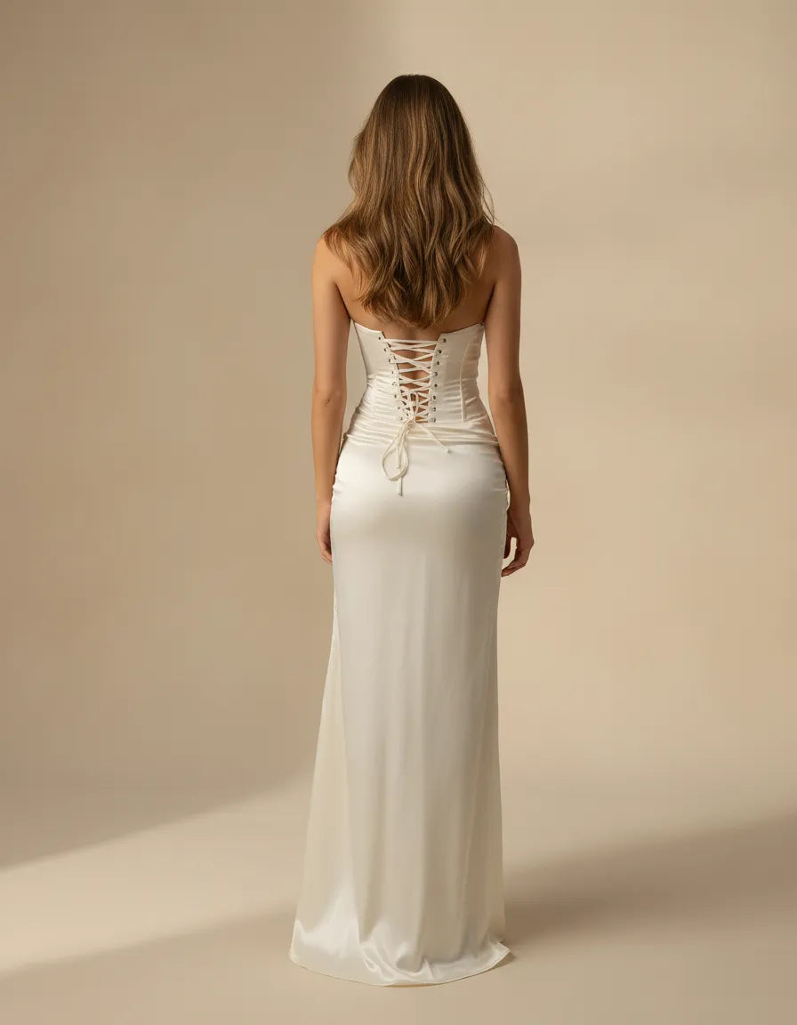 Cassie | Women’s Strapless High Slit Corset White Maxi Dress
