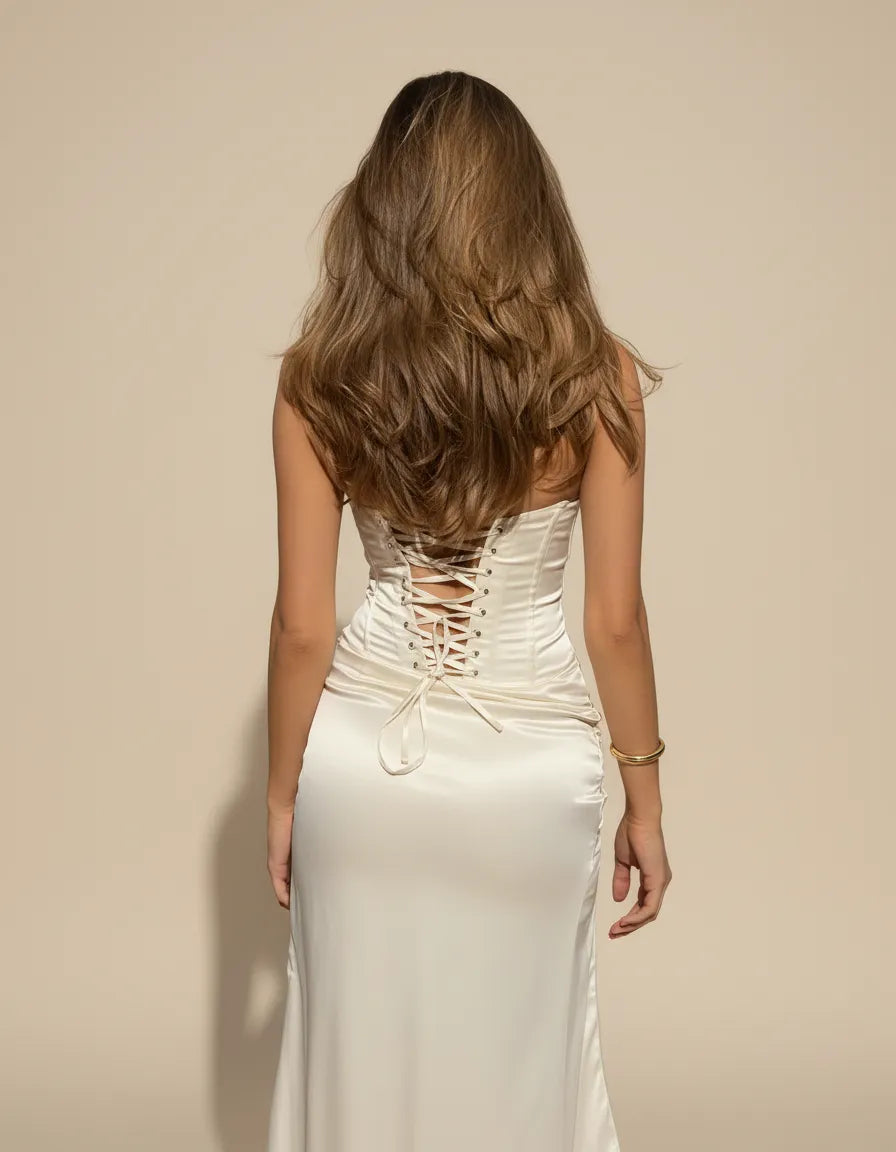 Cassie | Women’s Strapless High Slit Corset White Maxi Dress