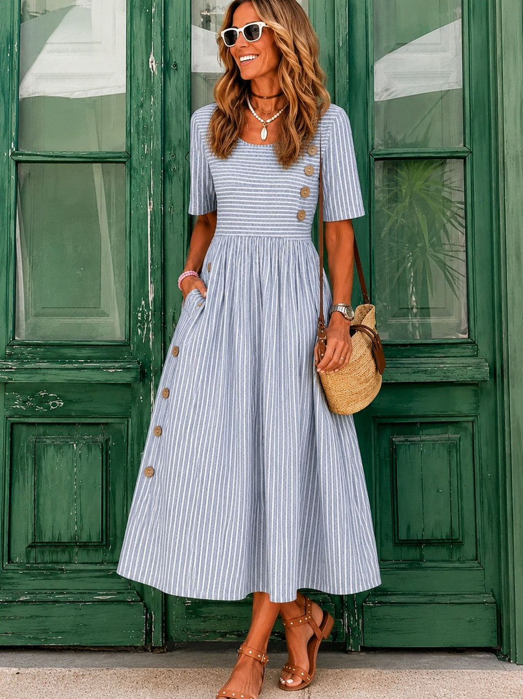 Catelyn | Women's Button Front Scoop Neck Striped Midi Dress