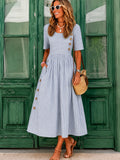 Catelyn | Women's Button Front Scoop Neck Striped Midi Dress