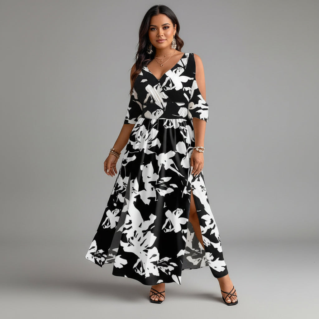 Catharine | Women's Printed V Neck Flowy Maxi Dress