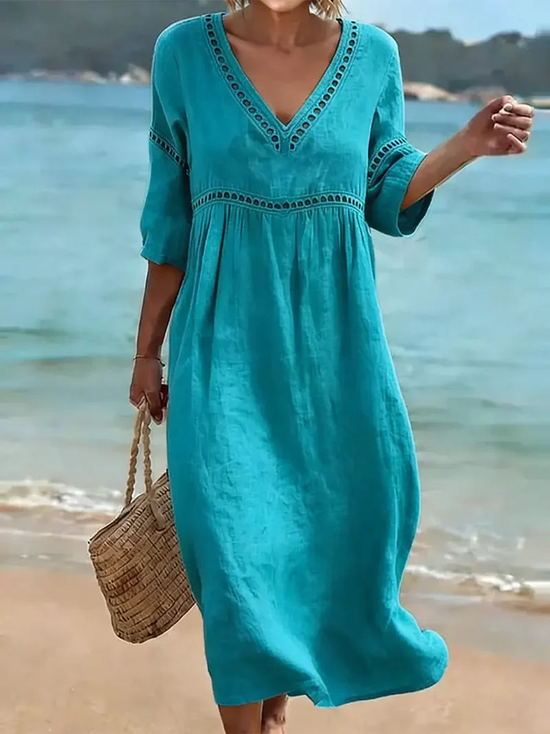 Celandine | Women's V-Neck Short Sleeve Summer Midi Dress