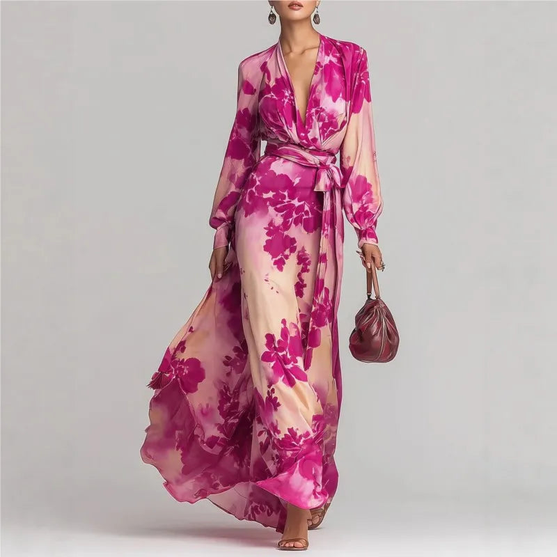 Charmain | Women's Long Sleeve V Neck Floral Flowy Maxi Dress