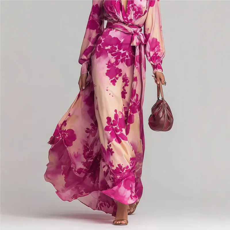 Charmain | Women's Long Sleeve V Neck Floral Flowy Maxi Dress