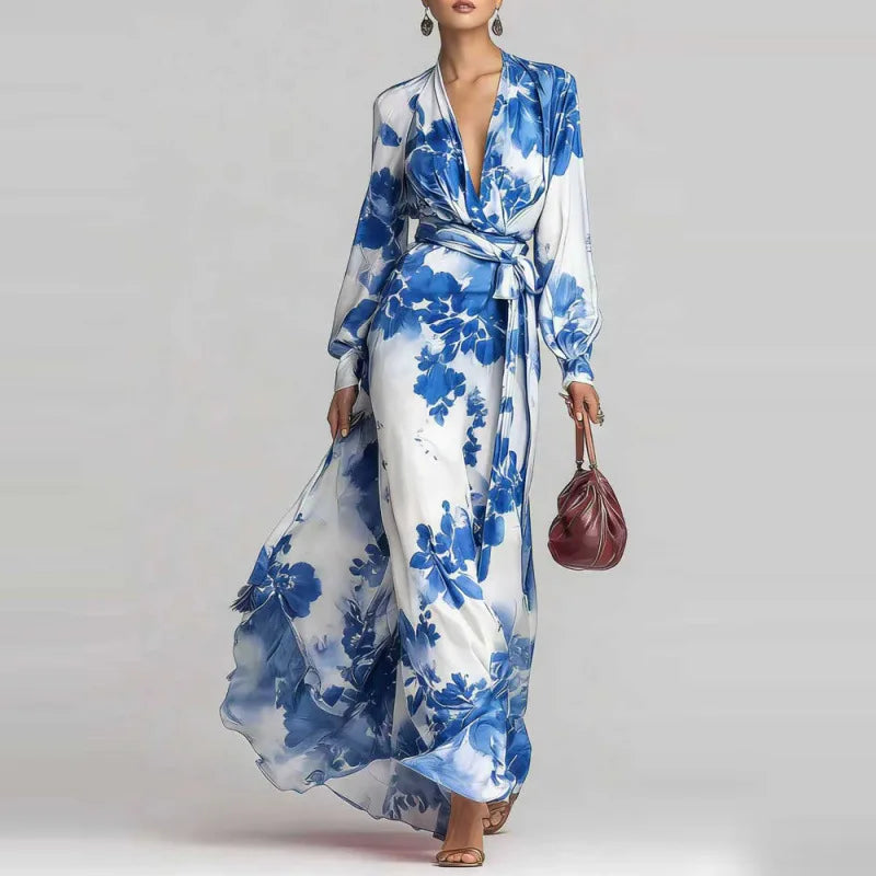Charmain | Women's Long Sleeve V Neck Floral Flowy Maxi Dress