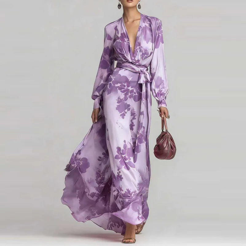 Charmain | Women's Long Sleeve V Neck Floral Flowy Maxi Dress