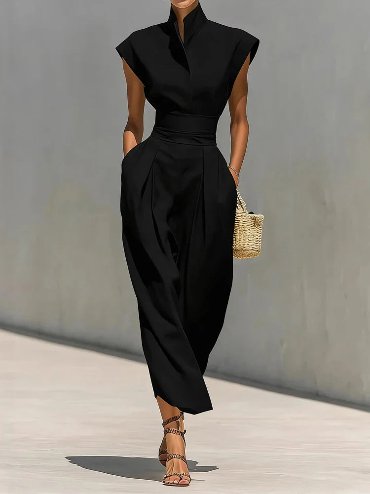 Chelsey | Women's Sleeveless Stand Collar Pocket Midi Dress