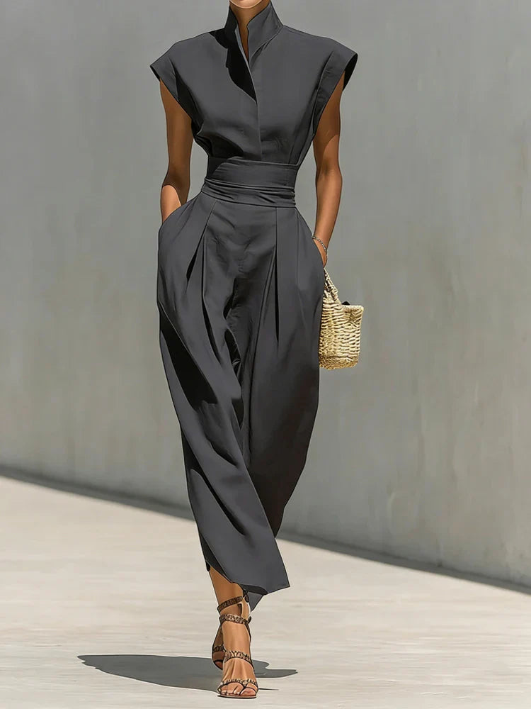 Chelsey | Women's Sleeveless Stand Collar Pocket Midi Dress