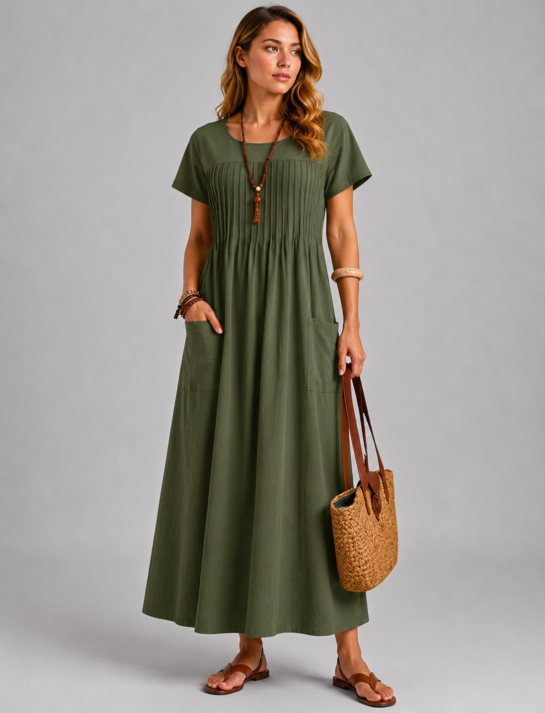 Cheyenne | Women’s Dolman Sleeve Pleated Scoop Neck Midi Dress