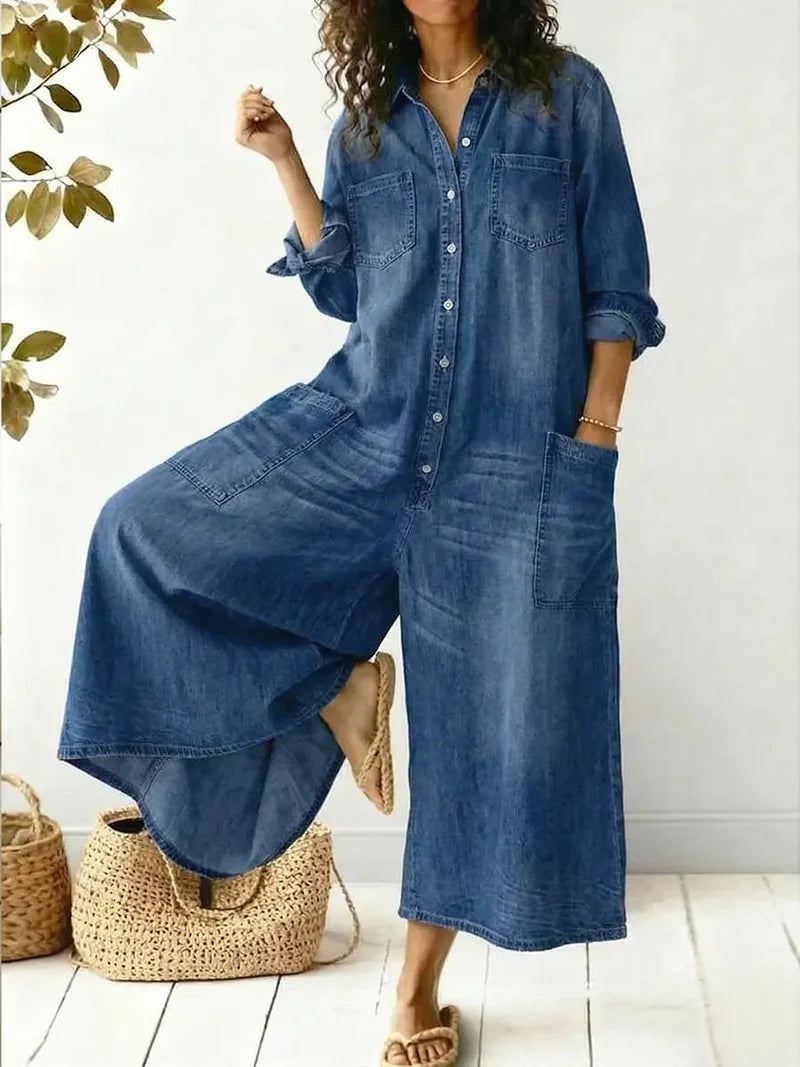 Citlali | Women's Long Sleeve Button Front Pocketed Denim Jumpsuit