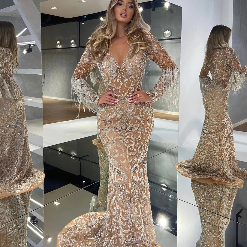 Citlaly | Women’s V Neck Sequin Long Sleeve Flowy Maxi Dress