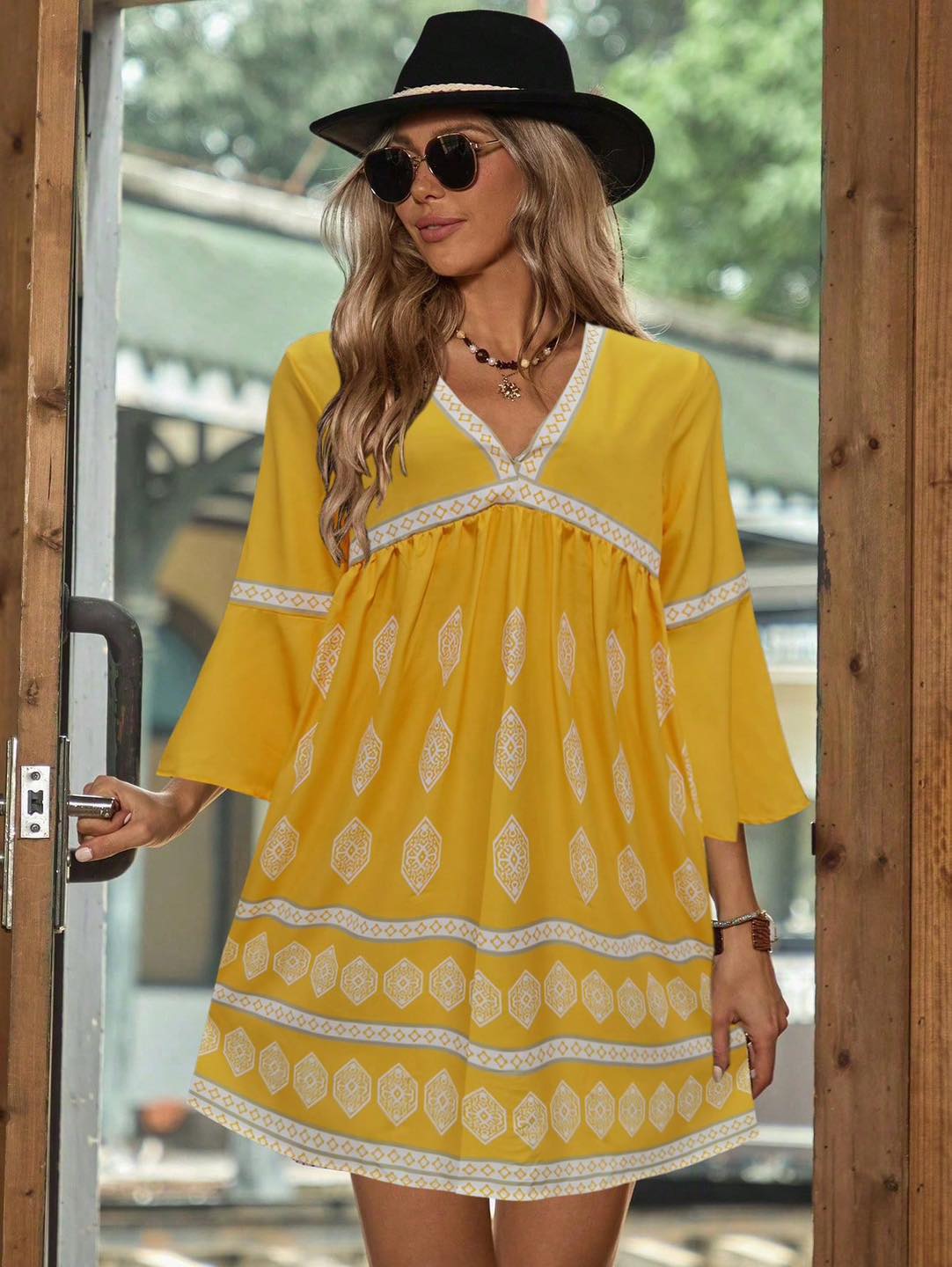 Claudine | Women's Printed Flowy V Neck Boho Mini Dress