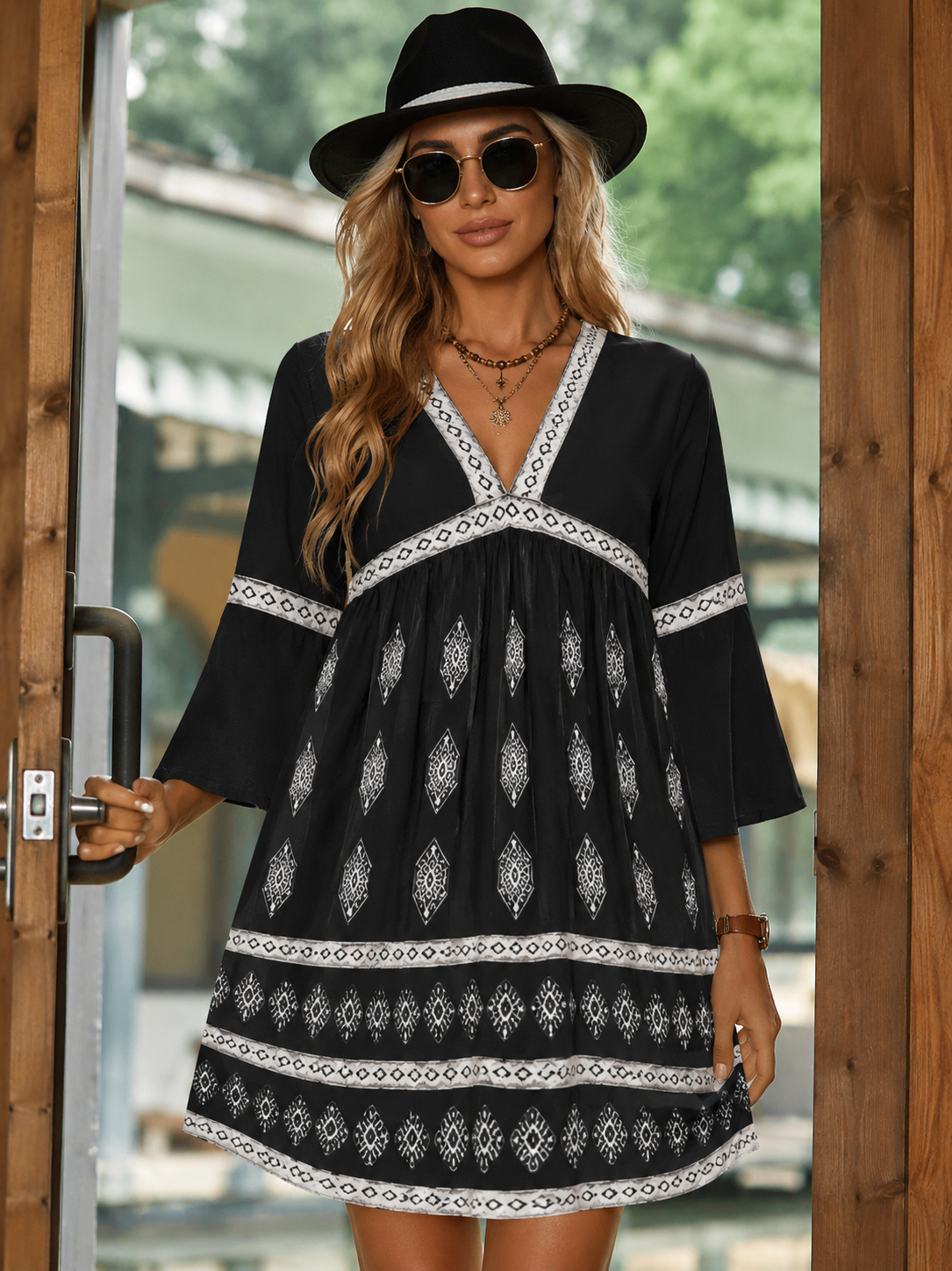 Claudine | Women's Printed Flowy V Neck Boho Mini Dress