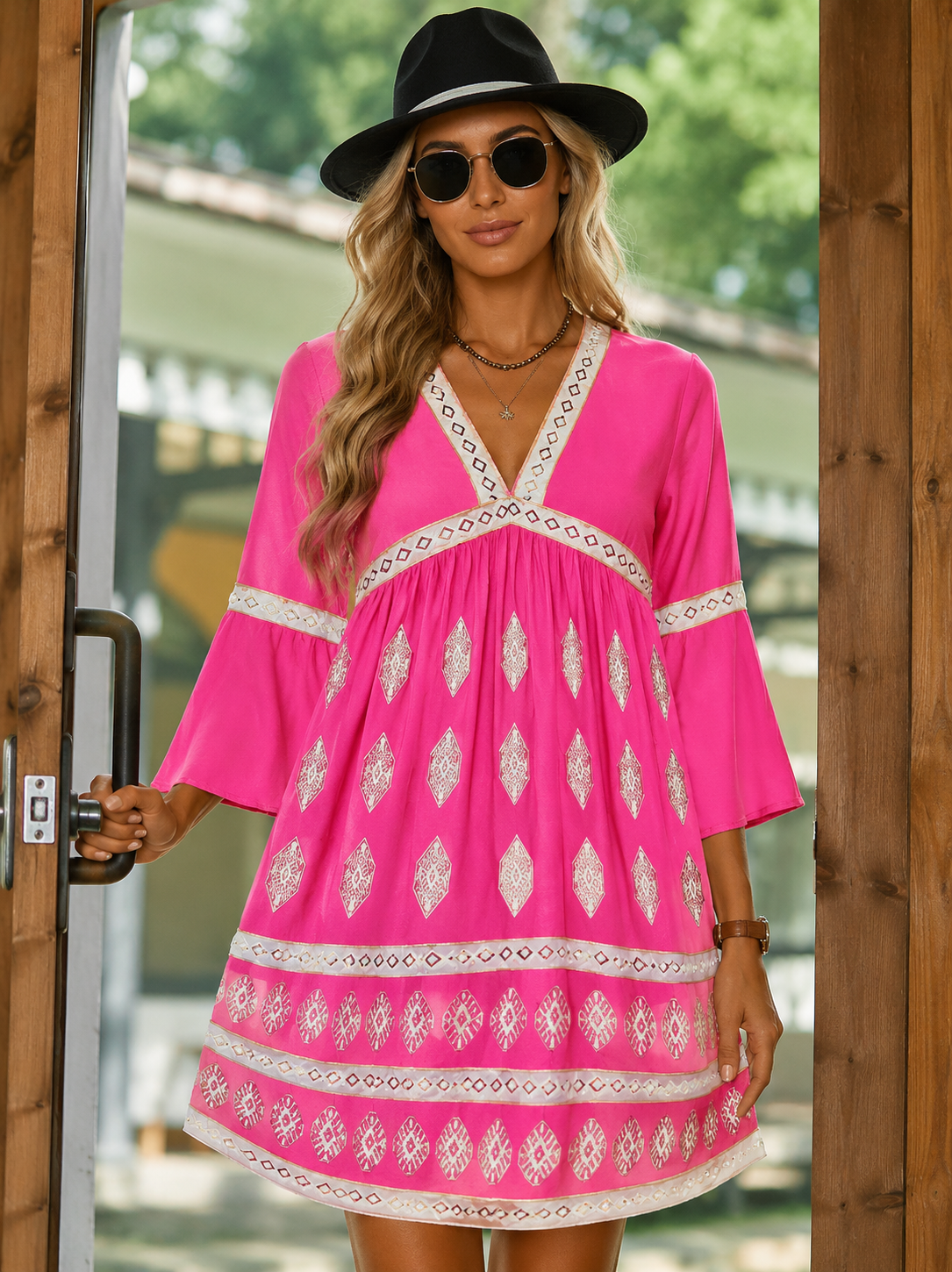 Claudine | Women's Printed Flowy V Neck Boho Mini Dress
