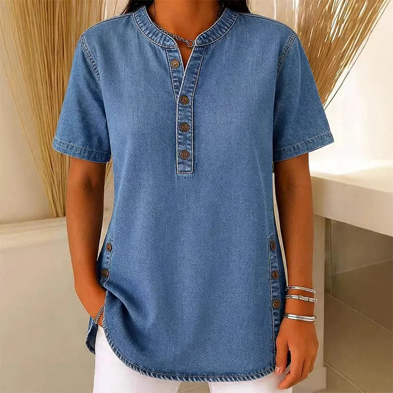 Clista | Women’s Short Sleeve Button Front Collared Denim Shirt