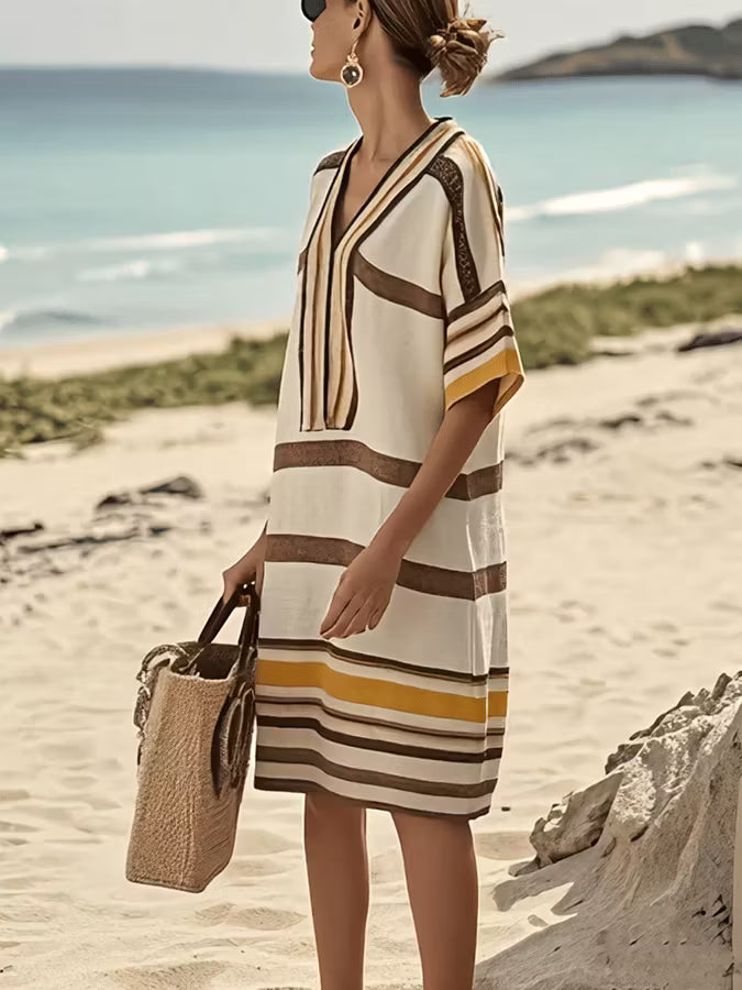 Consuela | Women’s Striped V Neck Short Sleeve Knee Length Dress