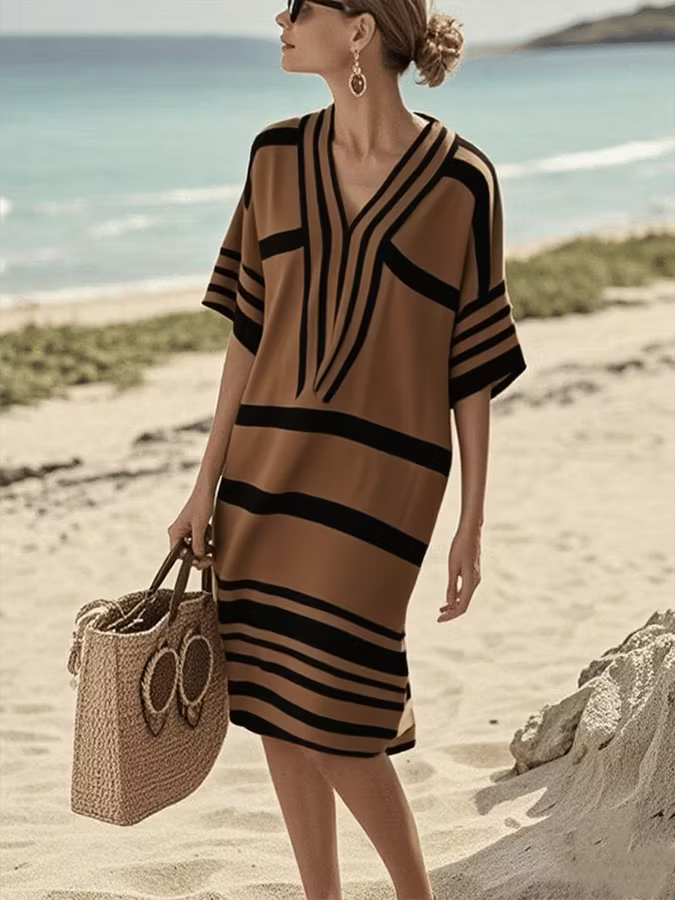 Consuela | Women’s Striped V Neck Short Sleeve Knee Length Dress