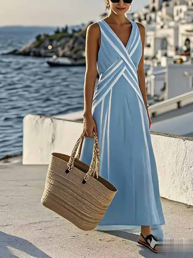 Coralee | Women’s Striped Sleeveless V Neck Flowy Maxi Dress