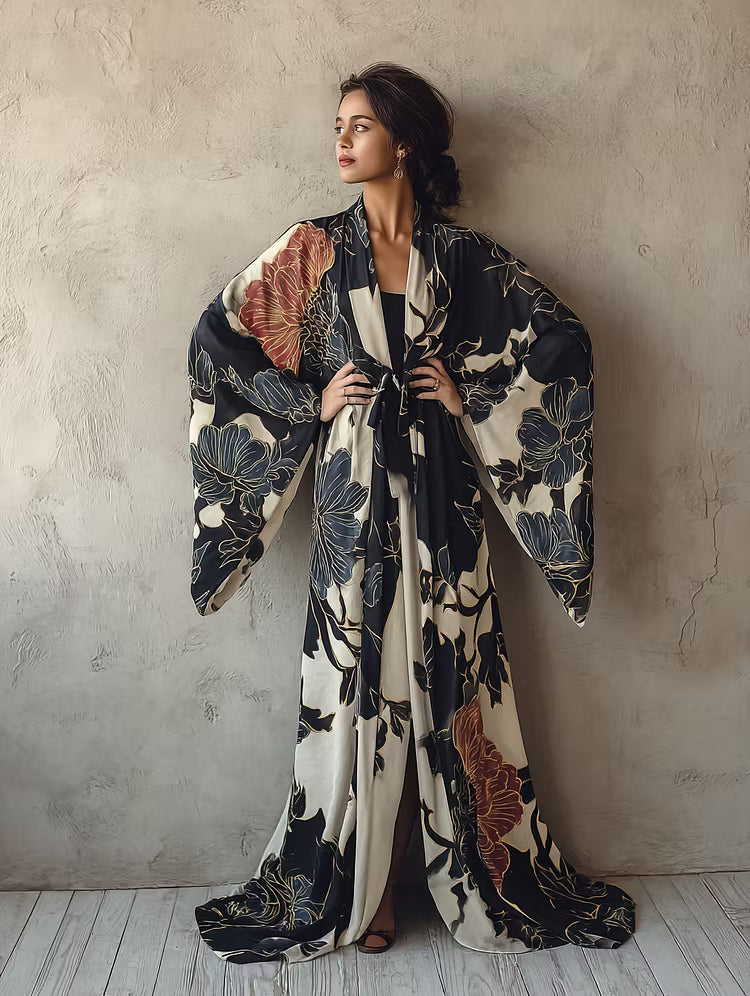 Coralie | Women’s Waist Tie Floral Print V Neck Flowy Maxi Dress