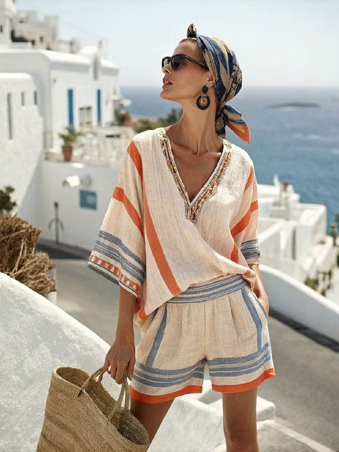 Corinna | Women’s Striped V Neck Batwing Sleeve Two Piece Set