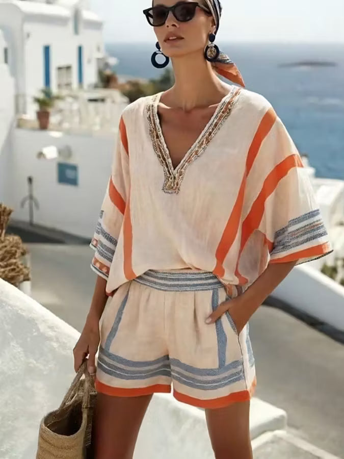 Corinna | Women’s Striped V Neck Batwing Sleeve Two Piece Set