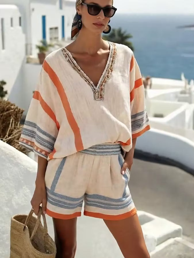 Corinna | Women’s Striped V Neck Batwing Sleeve Two Piece Set