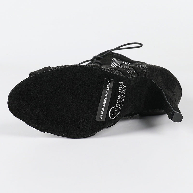 Corinne | Women's High Lace-Up Mesh Black Dance Heels