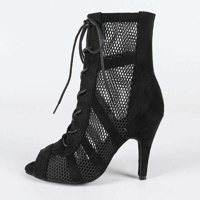 Corinne | Women's High Lace-Up Mesh Black Dance Heels