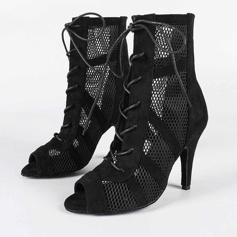 Corinne | Women's High Lace-Up Mesh Black Dance Heels