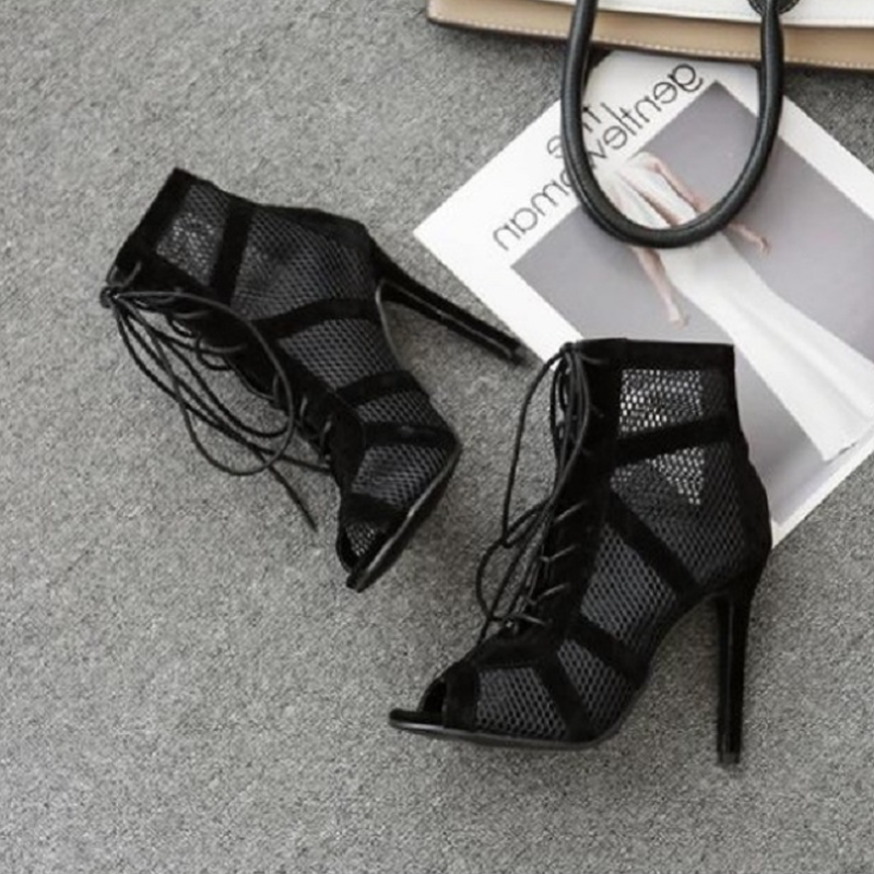 Corinne | Women's High Lace-Up Mesh Black Dance Heels