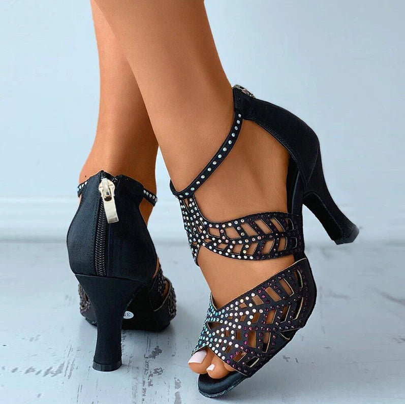 Cornelia | Women's Zip Up Open Toe Black Dance Heels