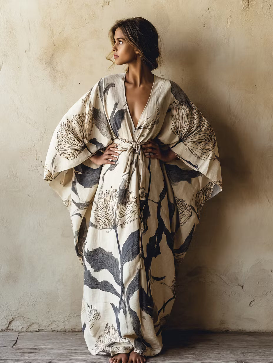 Corrie | Women’s Floral Print V Neck Waist Tie Flowy Maxi Dress