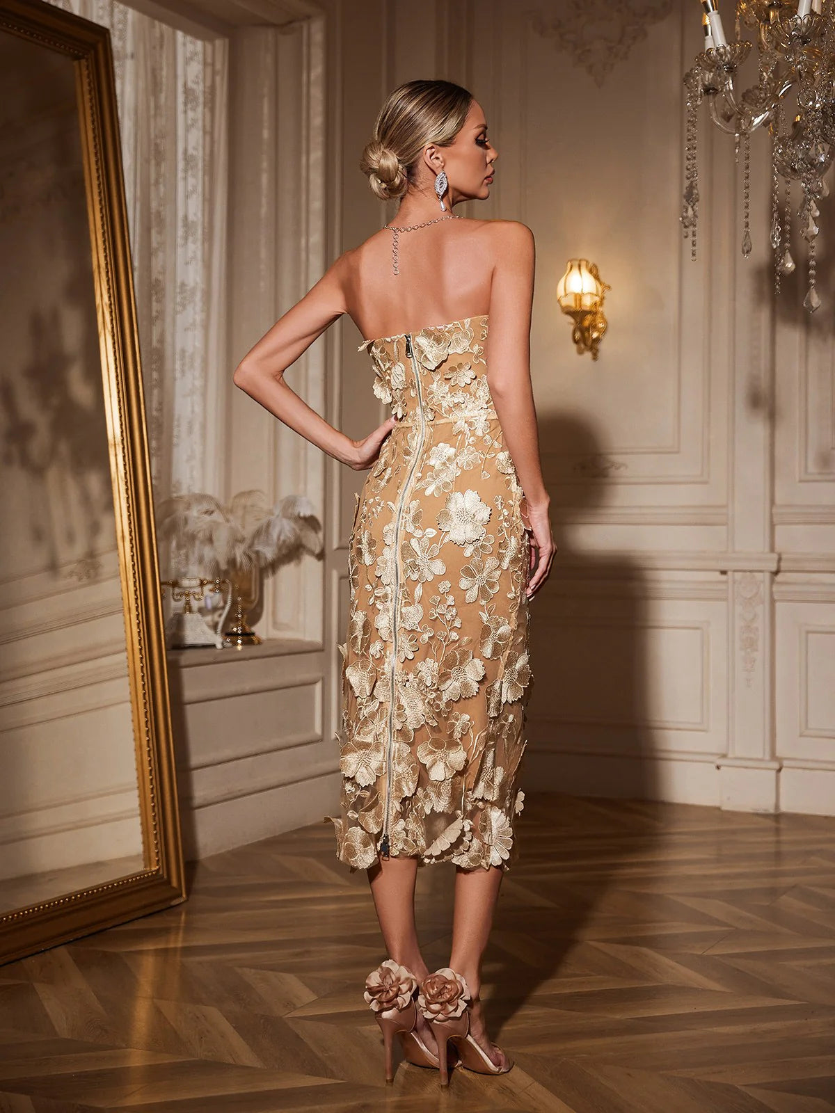Corrina | Women’s Strapless Open Back Floral Wedding Guest Dress