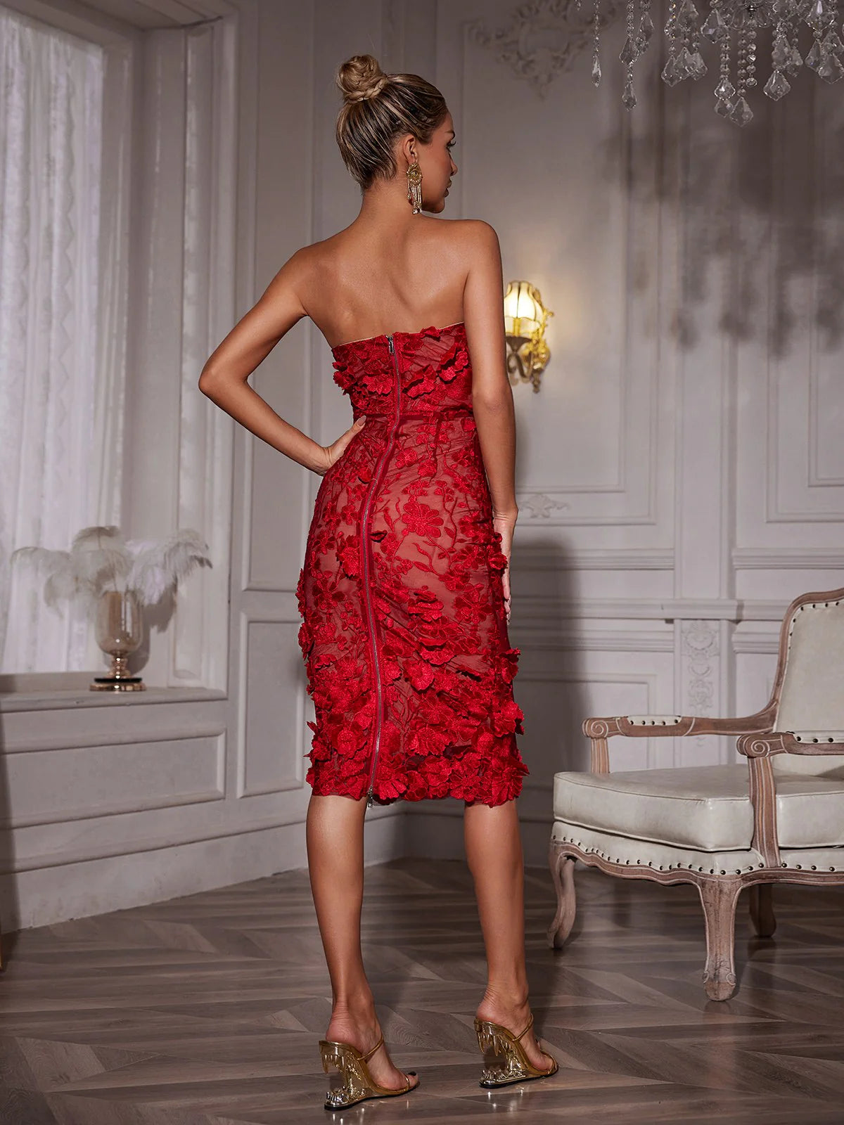 Corrina | Women’s Strapless Open Back Floral Wedding Guest Dress