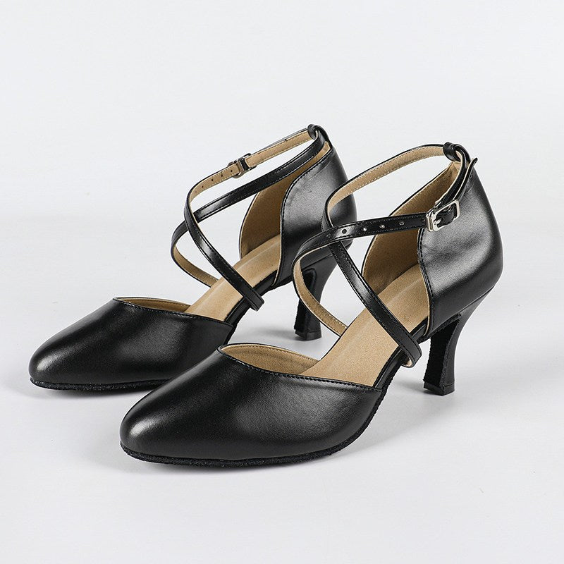 Cristal | Women's Cross Strap Buckle Black Dance Heels