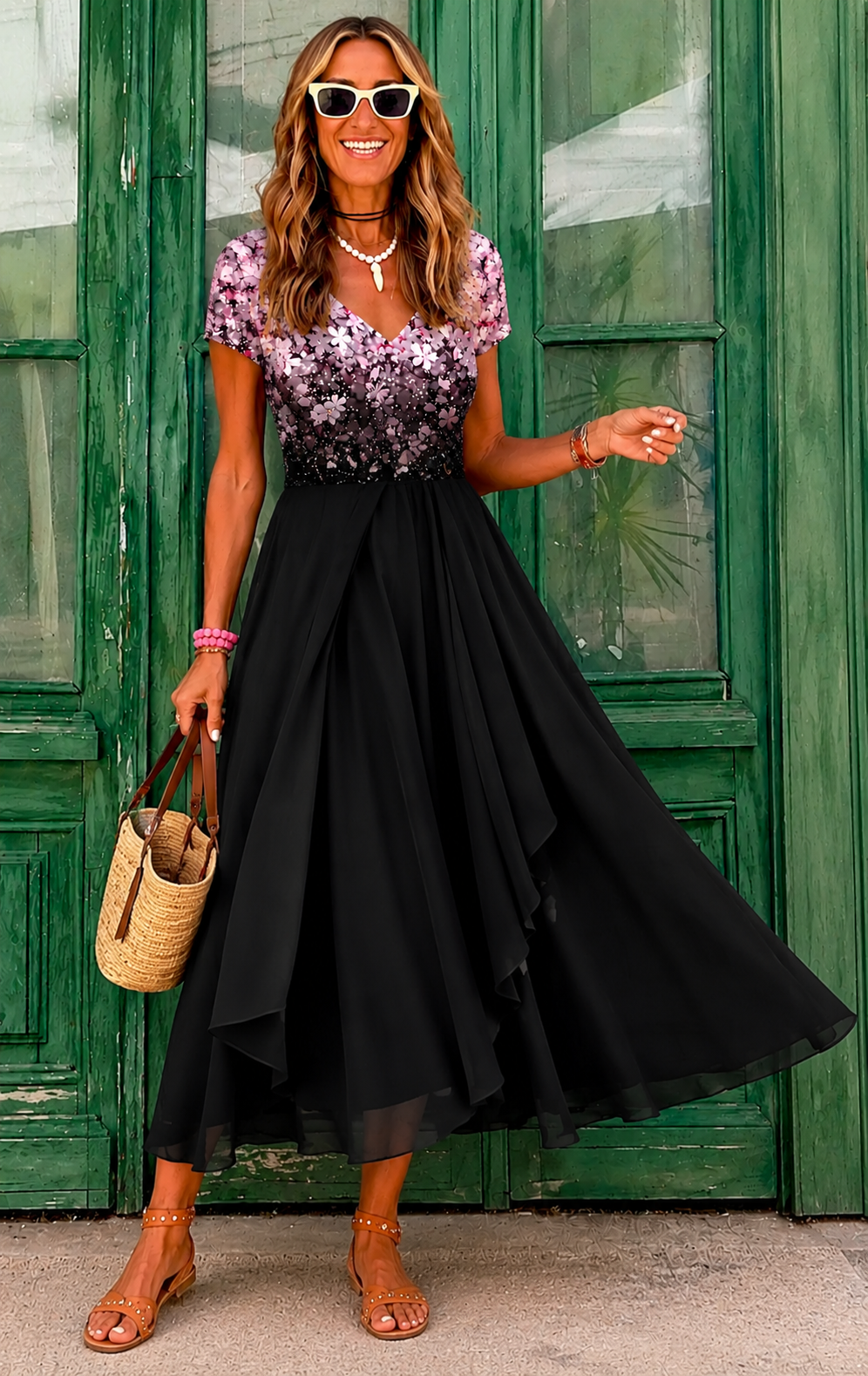 Dalene | Women's V Neck Sparkly Flowy Midi Dress