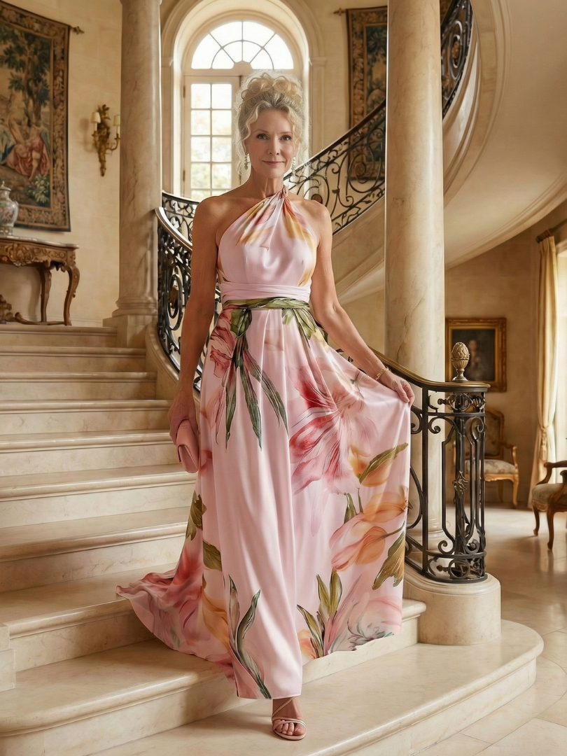 Darbie | Women's Floral Halter Neck One-Shoulder Maxi Dress