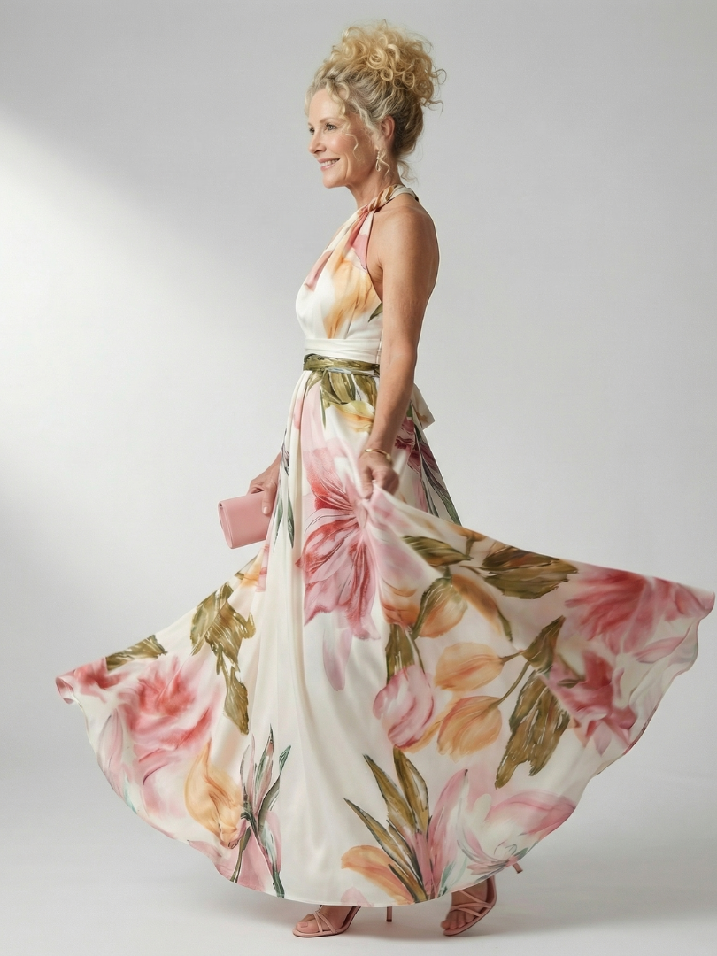 Darbie | Women's Floral Halter Neck One-Shoulder Maxi Dress