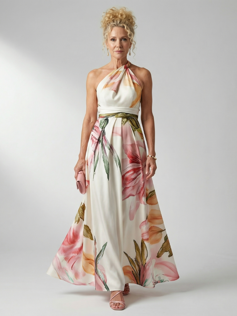 Darbie | Women's Floral Halter Neck One-Shoulder Maxi Dress
