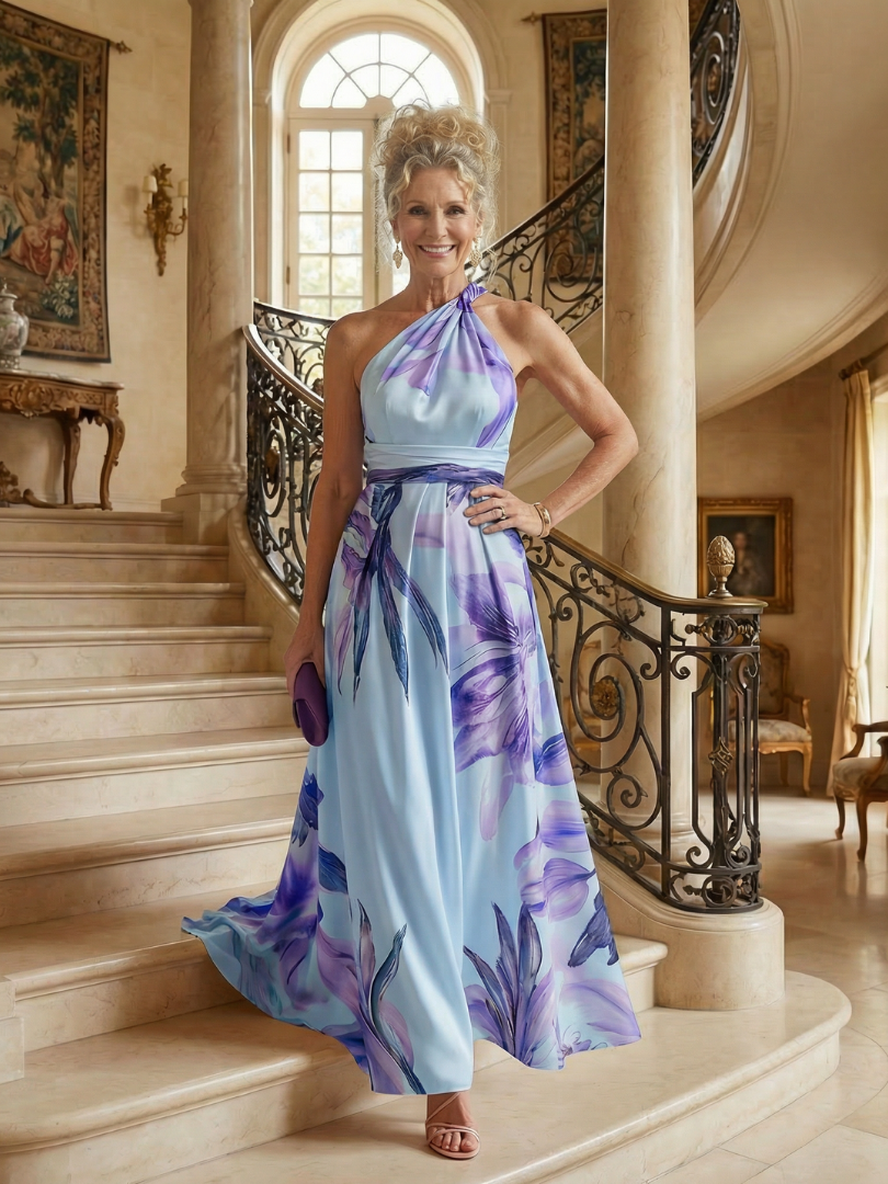Darbie | Women's Floral Halter Neck One-Shoulder Maxi Dress