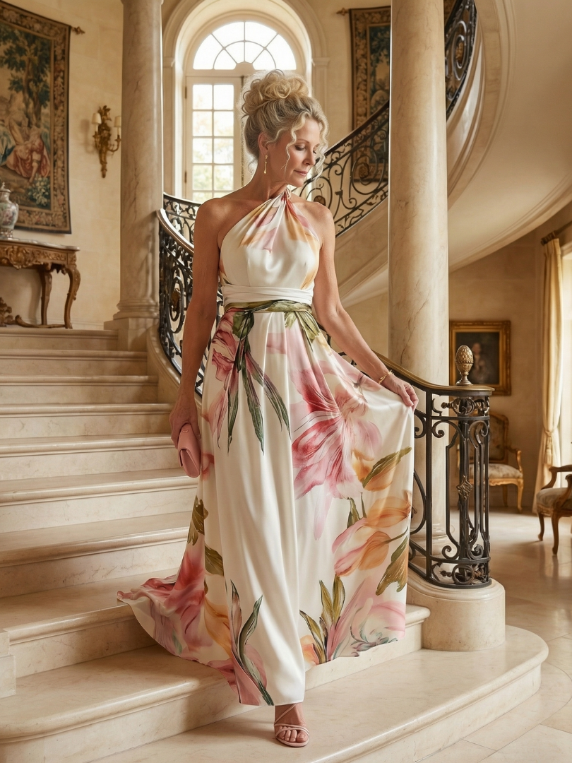 Darbie | Women's Floral Halter Neck One-Shoulder Maxi Dress