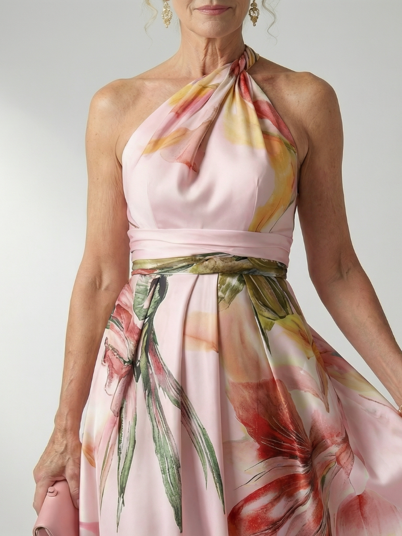 Darbie | Women's Floral Halter Neck One-Shoulder Maxi Dress