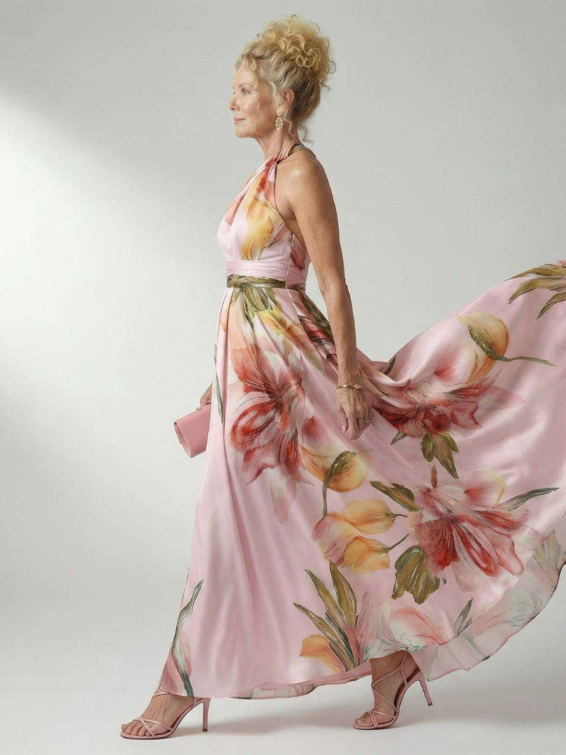 Darbie | Women's Floral Halter Neck One-Shoulder Maxi Dress
