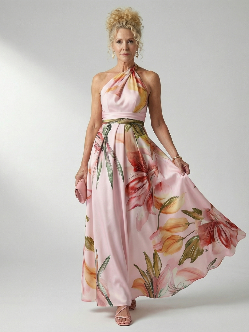 Darbie | Women's Floral Halter Neck One-Shoulder Maxi Dress