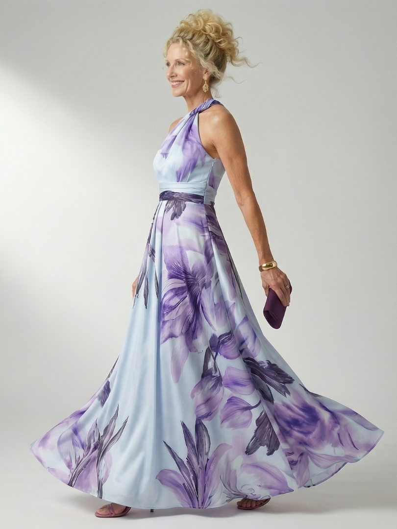 Darbie | Women's Floral Halter Neck One-Shoulder Maxi Dress